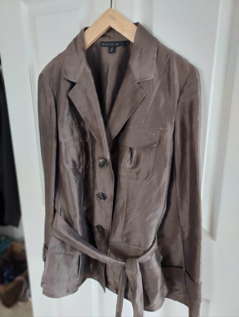 Lafayette 148 New York Sage Green Linen  Tie-Belt Blazer